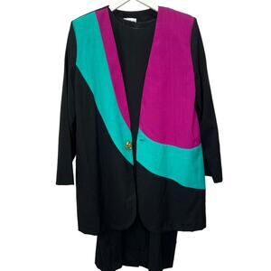 Vintage Bedford Fair Womens Blazer Sheath Dress Set Size 14 Black Colorblock